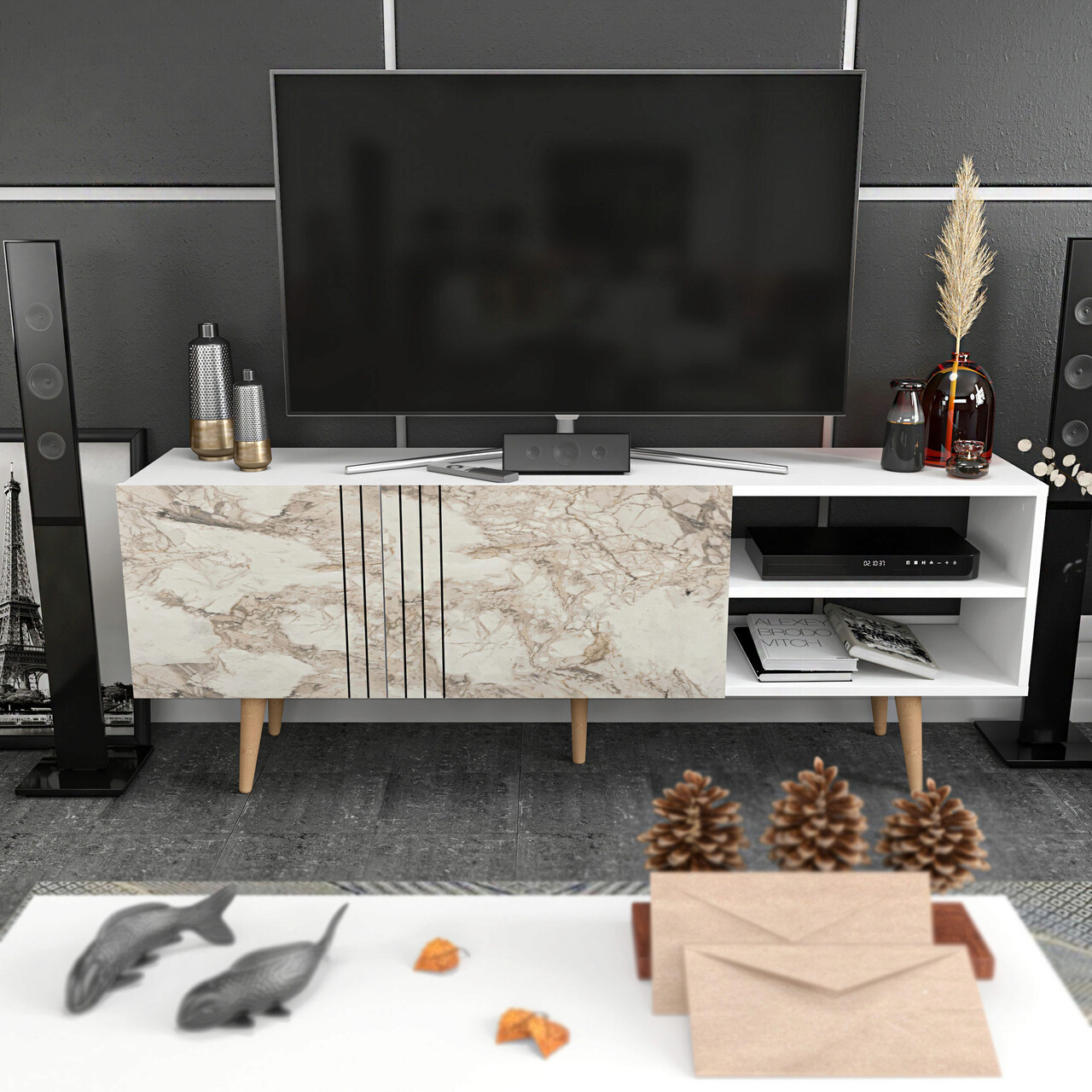 Comoda TV, Hanah Home, Ronas, 160x35x38.6 cm, Alb - imagine 6
